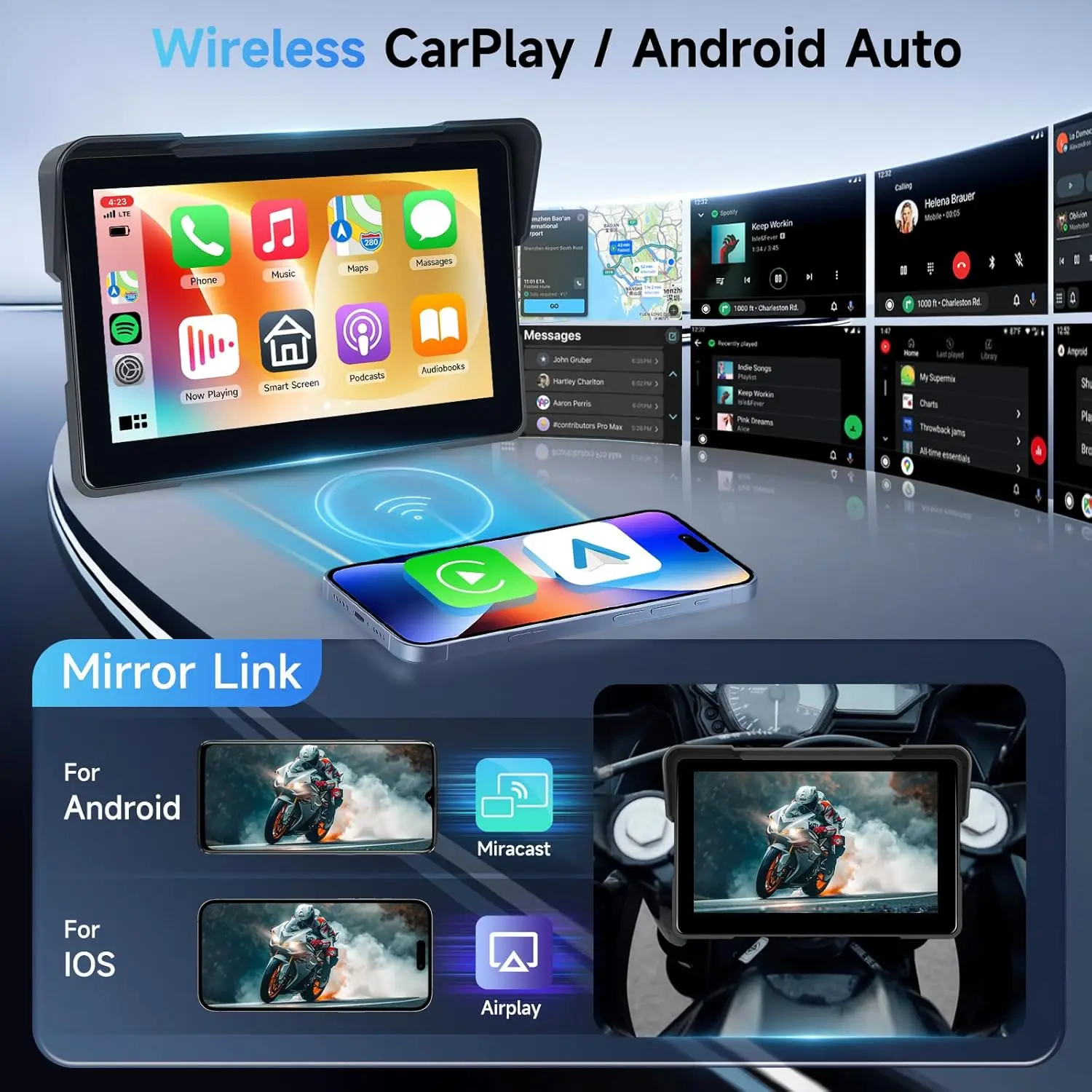 5/7 inch Portable Waterproof Motorcycle DVR GPS Navigation Wireless Carplay Android Auto Moto Display Screen Dual Bluetooth TPMS