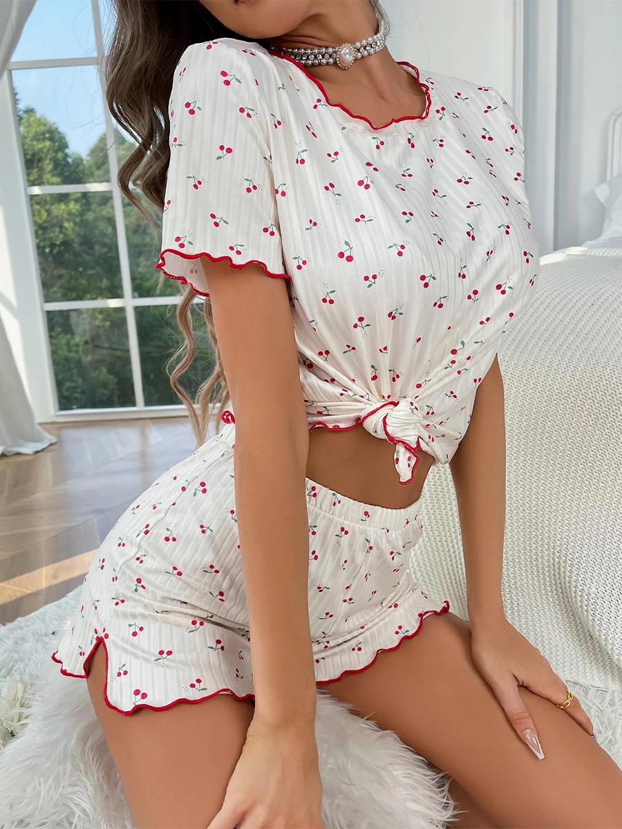 Women Soft 2 Piece Pajama Set Cherry Print Cute Frill Short Sleeve Tops Elastic Waist Short Outfits Homewear Loungewear