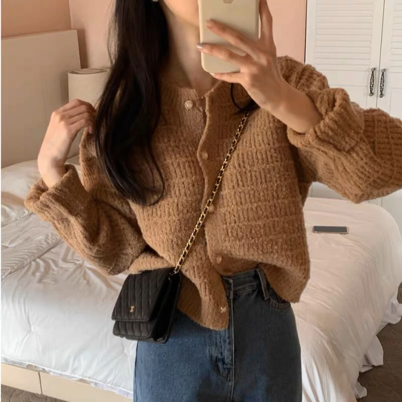 

Autumn Retro Pink Short Knitted Cardigan for Women Elegant Korean O Neck Women's Long Sleeve Sweater Jacket Sweet Women's Tops
