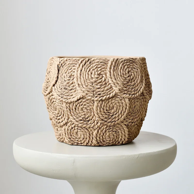 Rural Style Imitation Woven Cement Flowerpot Grass Woven Green Plant Potted Plant Set Living Room