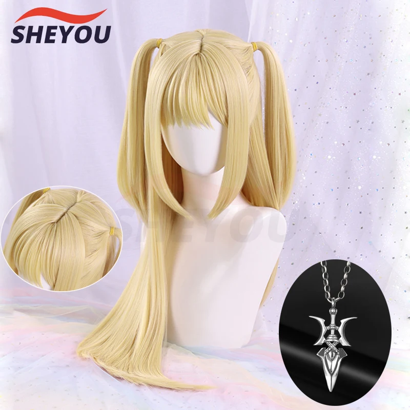 

High Quality Misa Amane Cosplay Wig Double Tail Long Yellow Heat Resistant Synthetic Hair Halloween Wigs + Wig Cap