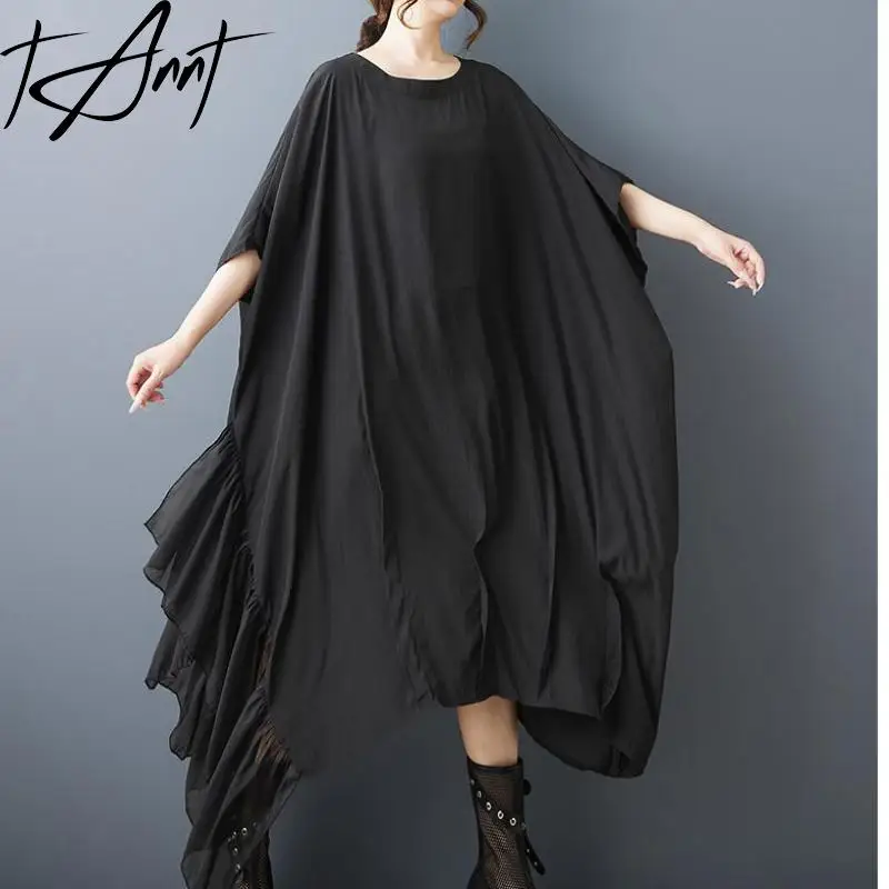 

Tannt Women Dress Asymmetry Batwing Sleeve Loose Casual Dresses Irregular Fashion Black Patchwork Long Dresses 2025 New
