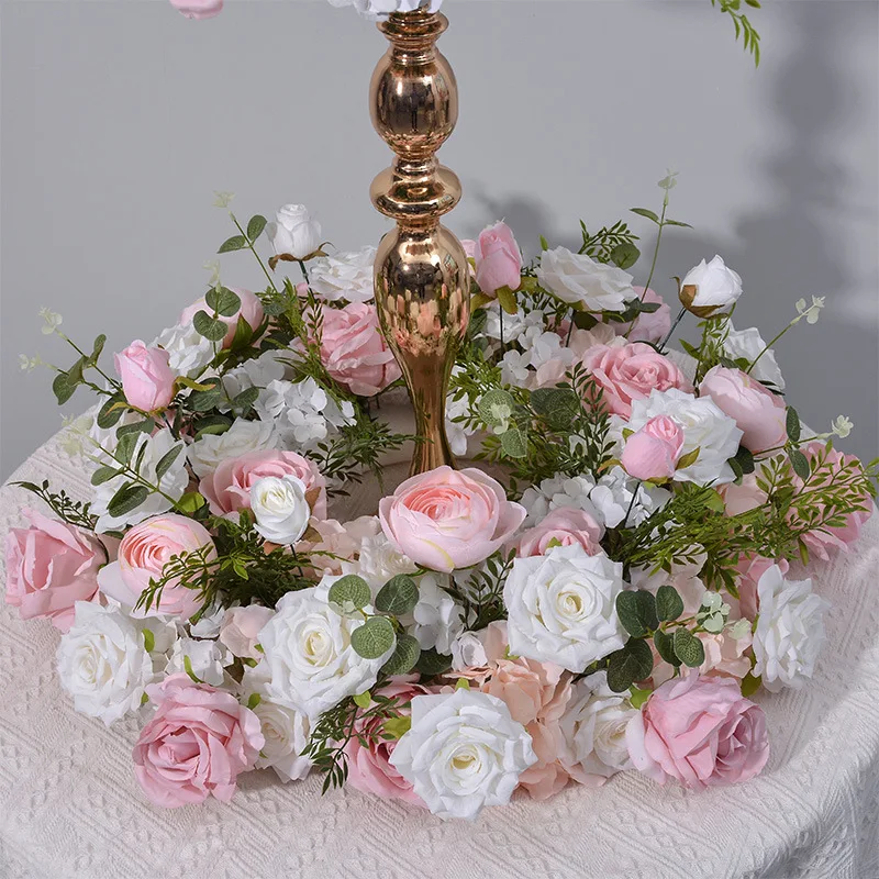 قطعة مركزية لطاولة الزفاف شمعدان ديكو إكليل الزهور تاج أبيض وردي أخضر ورقة ترتيب الزهور ديكور حفلات الحدث