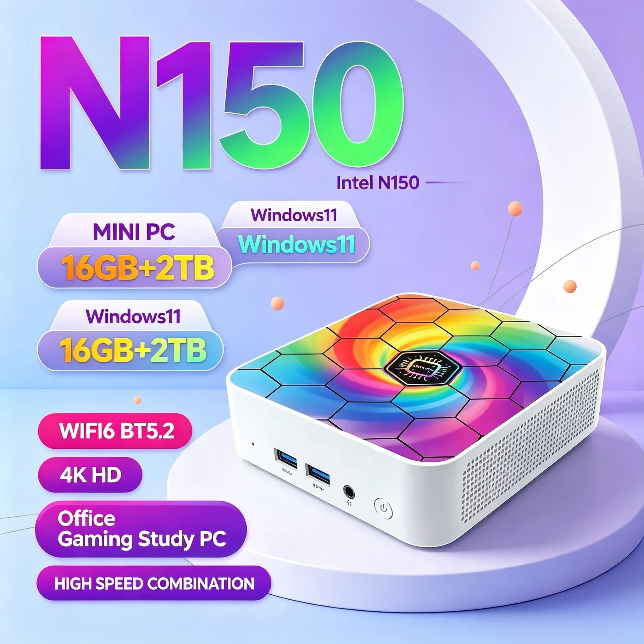Intel Core N150 Compact Portable Mini Computer Host Win11 16GB RAM 1~2TB SSD WiFi6 Bluetooth5.2 Office Desktop Mini PC
