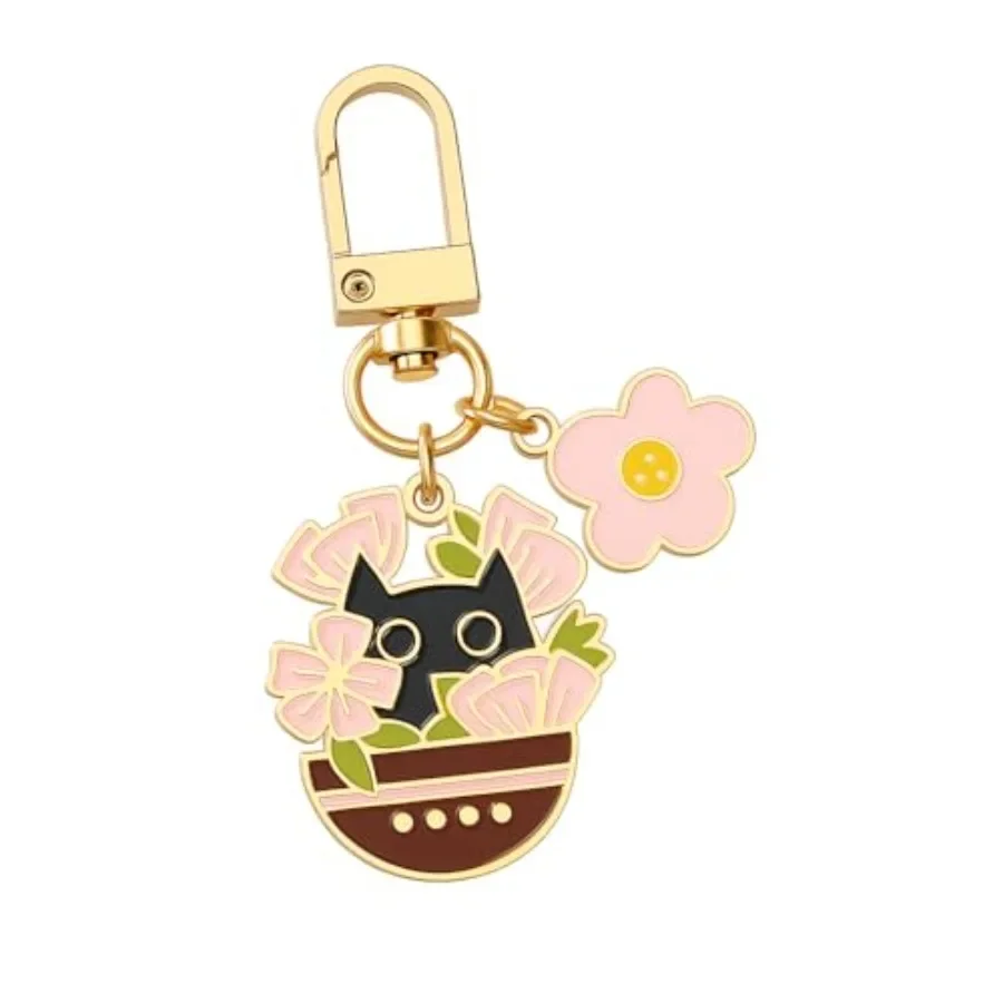 

Cat Keychain with Black Cat in Brown Flower Pot, Pink Flower Cluster, and Smiling Face for Women, Cute and Charming Accessory f