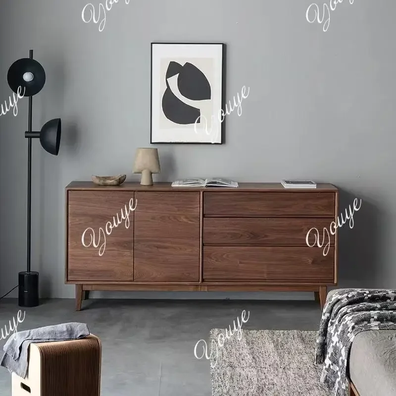 

J New Chinese-style Solid Wood Dining Side Cabinet, Log Wind Black Walnut Chest Cabinet, Living Room Simple Storage Cabinet