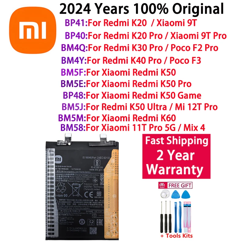 2024 Years 100% Original Battery For Xiaomi Redmi Mi Poco F2 F3 K20 K30 Mix 4 K40 K50 K60 9T 11T 12T Pro 5G UItra Game Batteries