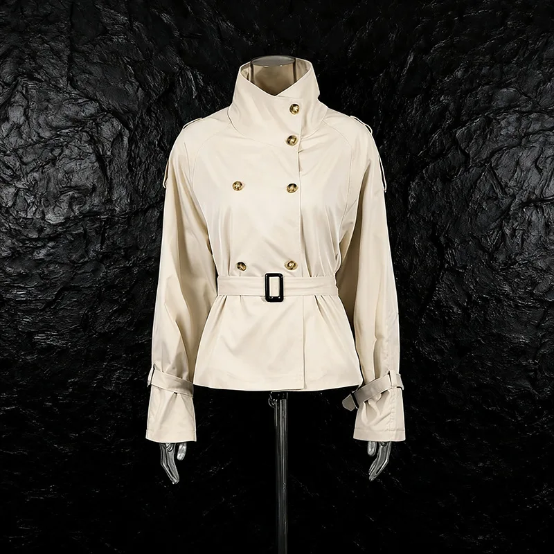 

Fashionable British Style Short Coat Women's Stand Collar Double Button Design Waist Belted Jacket New Arrival