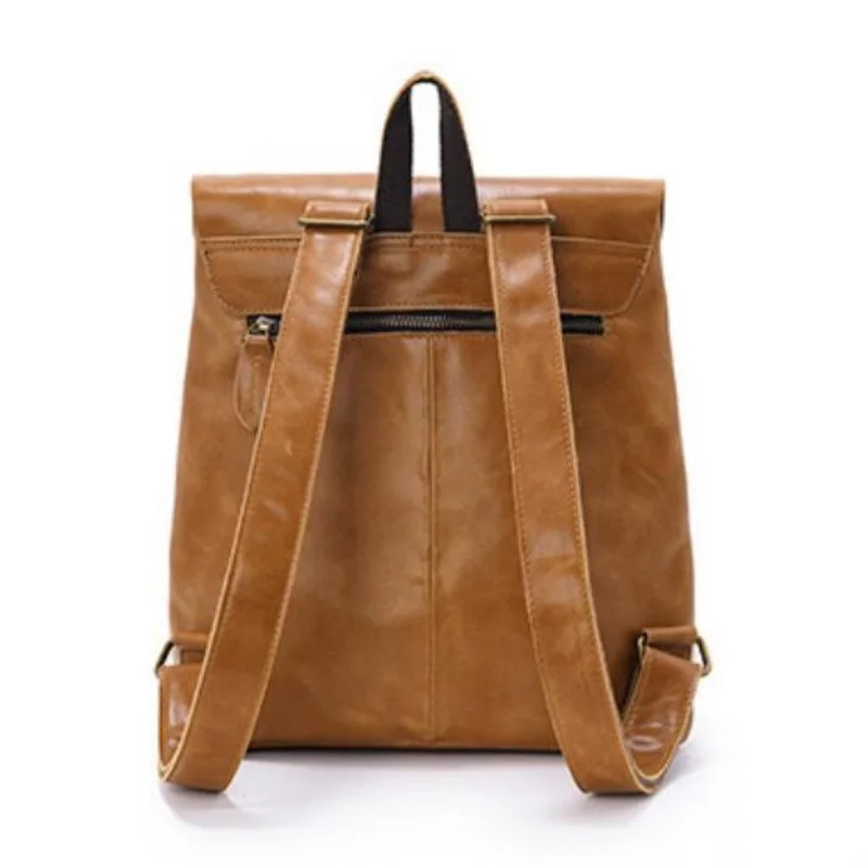 First Layer Waxed Leather Flap Backpack Retro Style Pure Color Versatile Daypack Waterproof Commuting Bags for Women