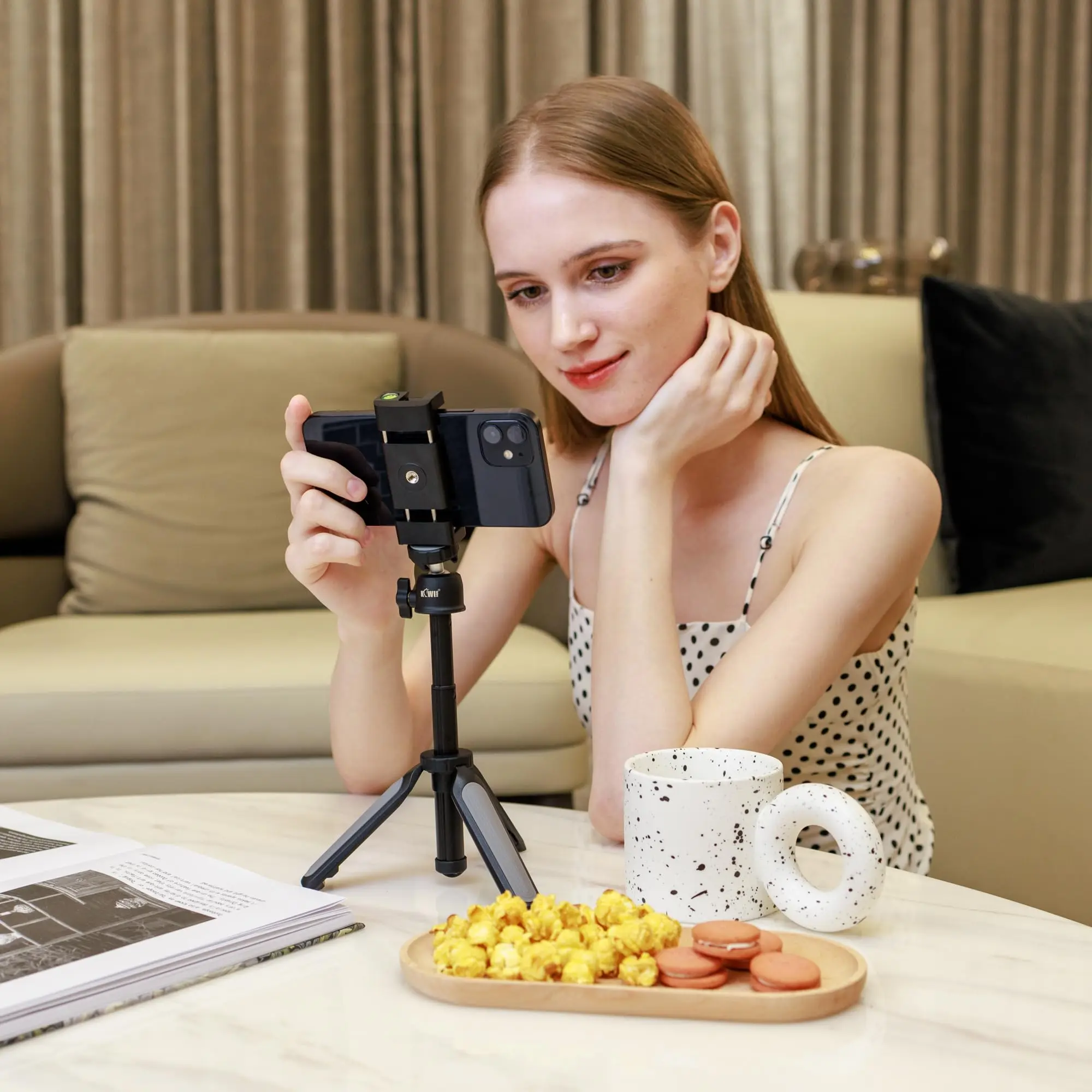 KIWI Desktop Mini Camera Tripod Stand with Phone Holder Extendable Selfie Stick Handle Grip for iPhone 15 14 13 Tabletop Tripod