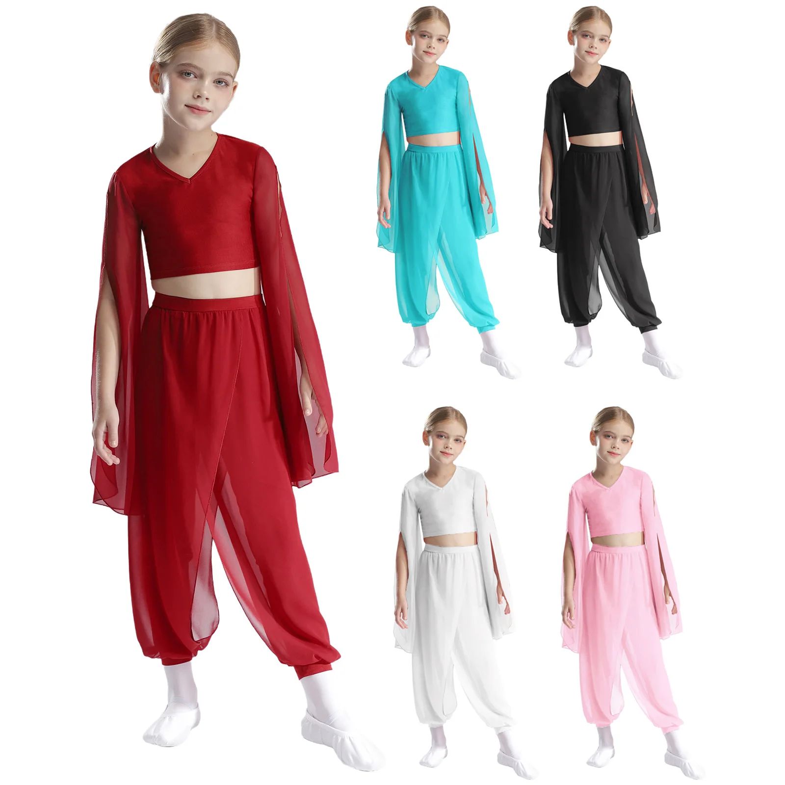 Kids Girls Classical Dance Outfits Split Flared Sleeves Crop Tops+Pants for Children Modern Dance Training Performance Dancewear