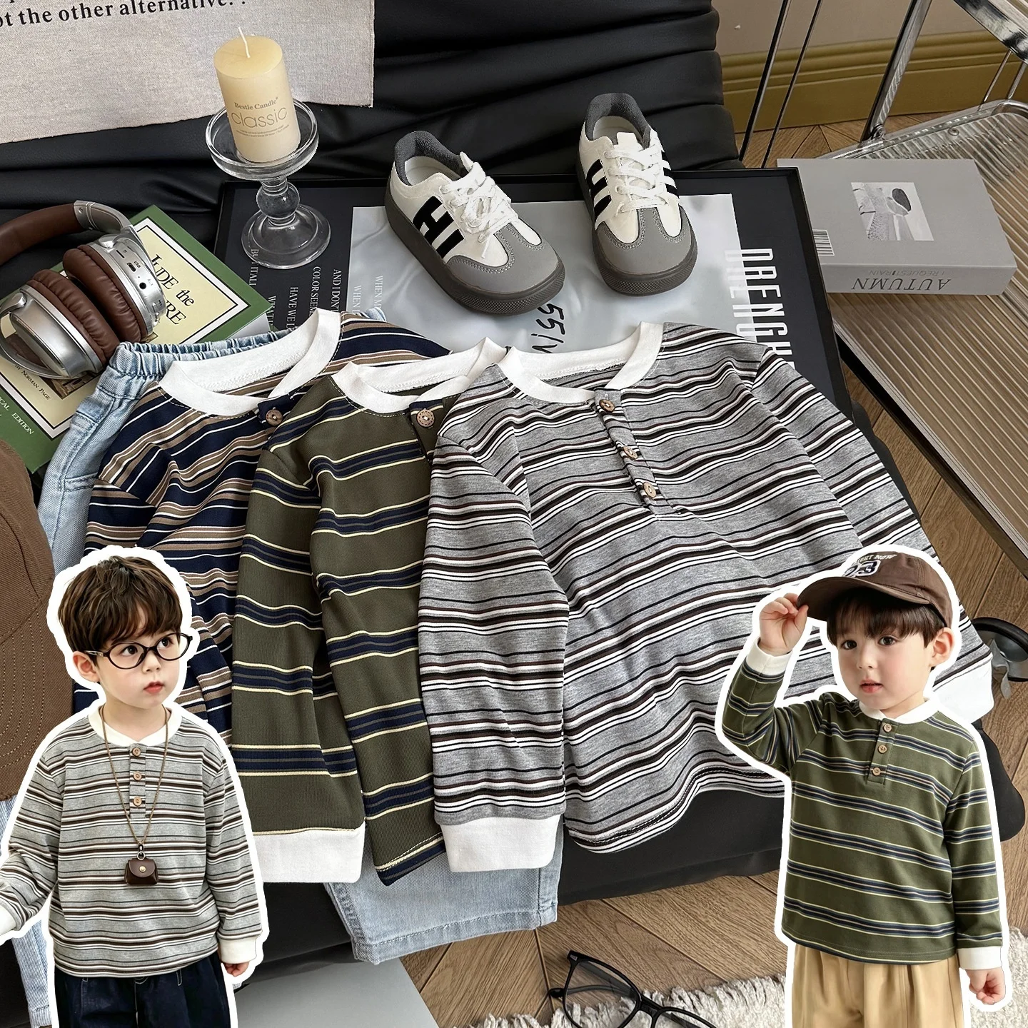 New Autumn Striped Print Boys Base T-Shirt Korean Style Stand Collar Loose Kids Tops Children Daily Casual Clothes