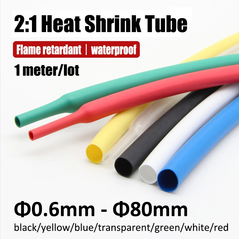 1 Meter Full-size φ0.6mm-80mm Heat Shrink Tube 2:1 Polyolefin Thermal Cable Sleeve Insulated Cable Wire Heatshrink Tube 7 Colors