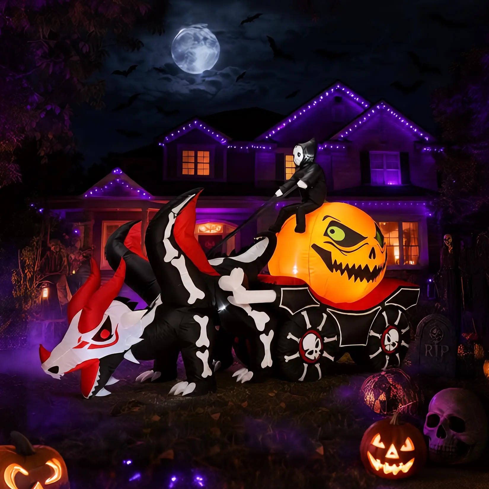 8.9FT Lighted Inflatable Halloween Decoration Pumpkin Carriage with LED Lights Weather-Resistant Outdoor Yard Ornament for Lawn Garden Porch, Easy Plug-In Setup