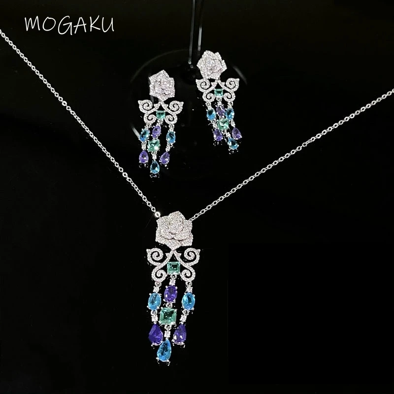 

MOGAKU Luxury Women Crystal Rose Flower Earrings Butterfly Zircon Pendant Necklace Ladies Fashion Banquet Wedding Jewelry Sets