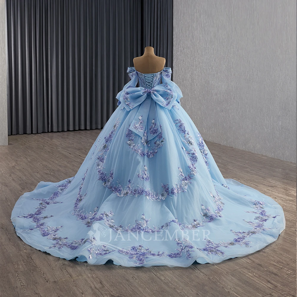 Glittering Sky Blue Princess Quinceanera Dress Customized Crystal Long Sleeves Sweet 16 Party Dress Vestidos De 15 Birthday