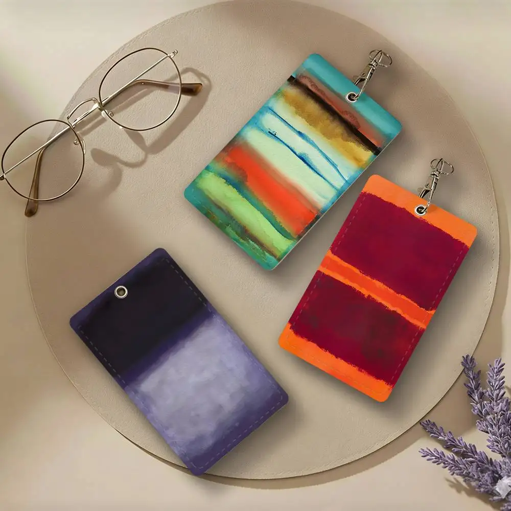 Art M-Mark Abstract R-Rothko PU Leather Card Holders Anti-lost Student ID Protective Cover Cases Campus Access Cards Key Chain