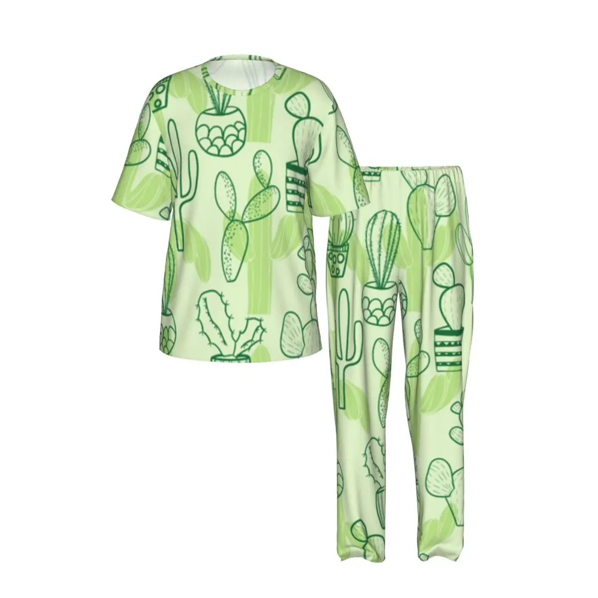 Men Pajamas Suit Short Sleeved Long Pants Cactus Pattern Sleepwear Summer Home Clothing Set view 2