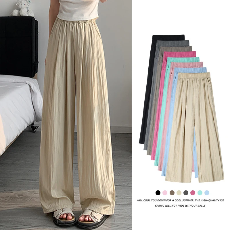 

Women Summer Trendy Vintage Thin Ice Silk Pleated Wide Leg Pants Y2K Female Casual Streetwear High Waist Loose Straight Trousers