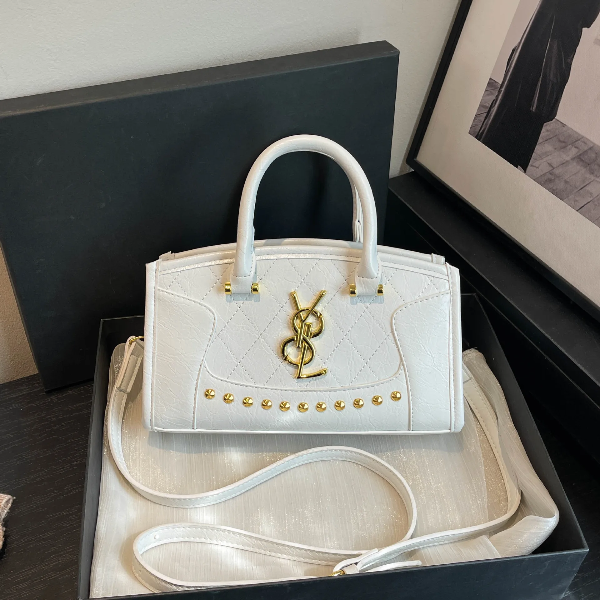 

French Luxury Quilted Handbag - 2025 New Studded Shoulder Bag with Chain, Elegant Crossbody Tote for Women