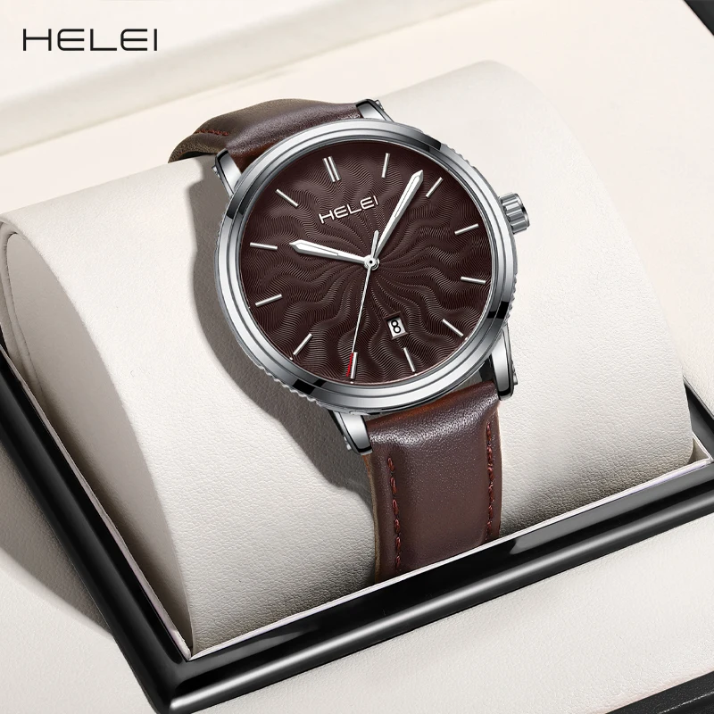 

HELEI men's watches bar dial fashion quartz watches calendar display leather men's watches waterproof luminous watches