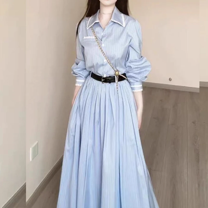 Blauw Gestreepte Polo Kraag Zoete Preppy Stijl Elegante Casual Vrouwen Lange Shirts Jurken Button Up Geplooide Jurk High Street Fashion