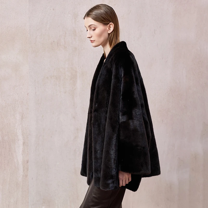 Ftangaiur 겨울 수입 백조 벨벳 밍크 퍼 코트 브이넥 긴 소매 밍크 코트 여성용 루즈핏 부드러운 천연 리얼 밍크 퍼 코트