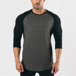 New Fashion Three Quarter Sleeve T shirt Men Autumn Spring Cotton Patchwork Silm Fit Gym Clothing Fitness T-shirt Sports Tshirt