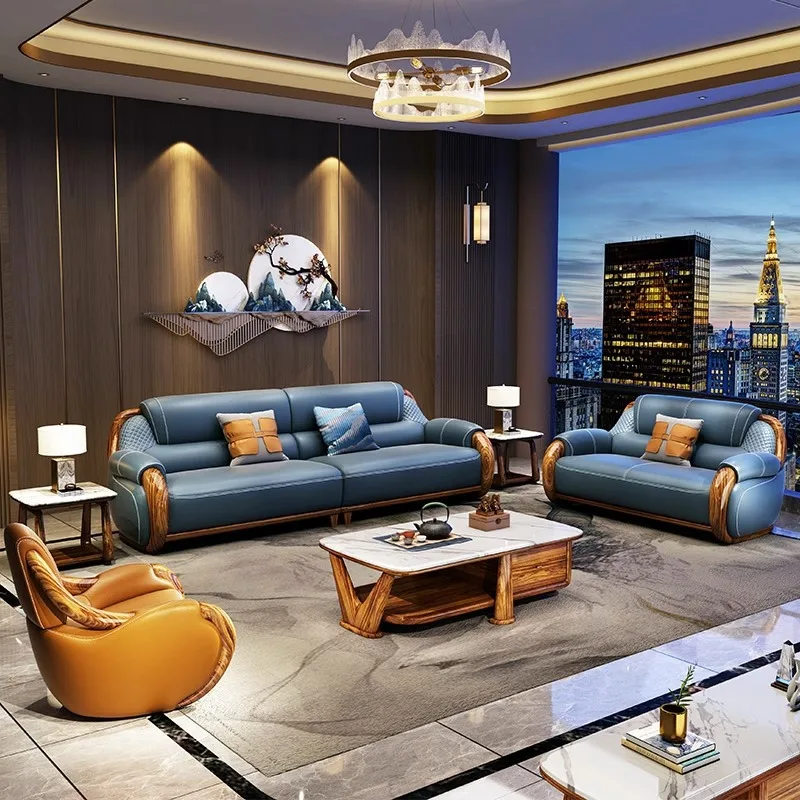 New Chinese ebony leather sofa modern simple solid wood villa living room size apartment first layer cowhide combination