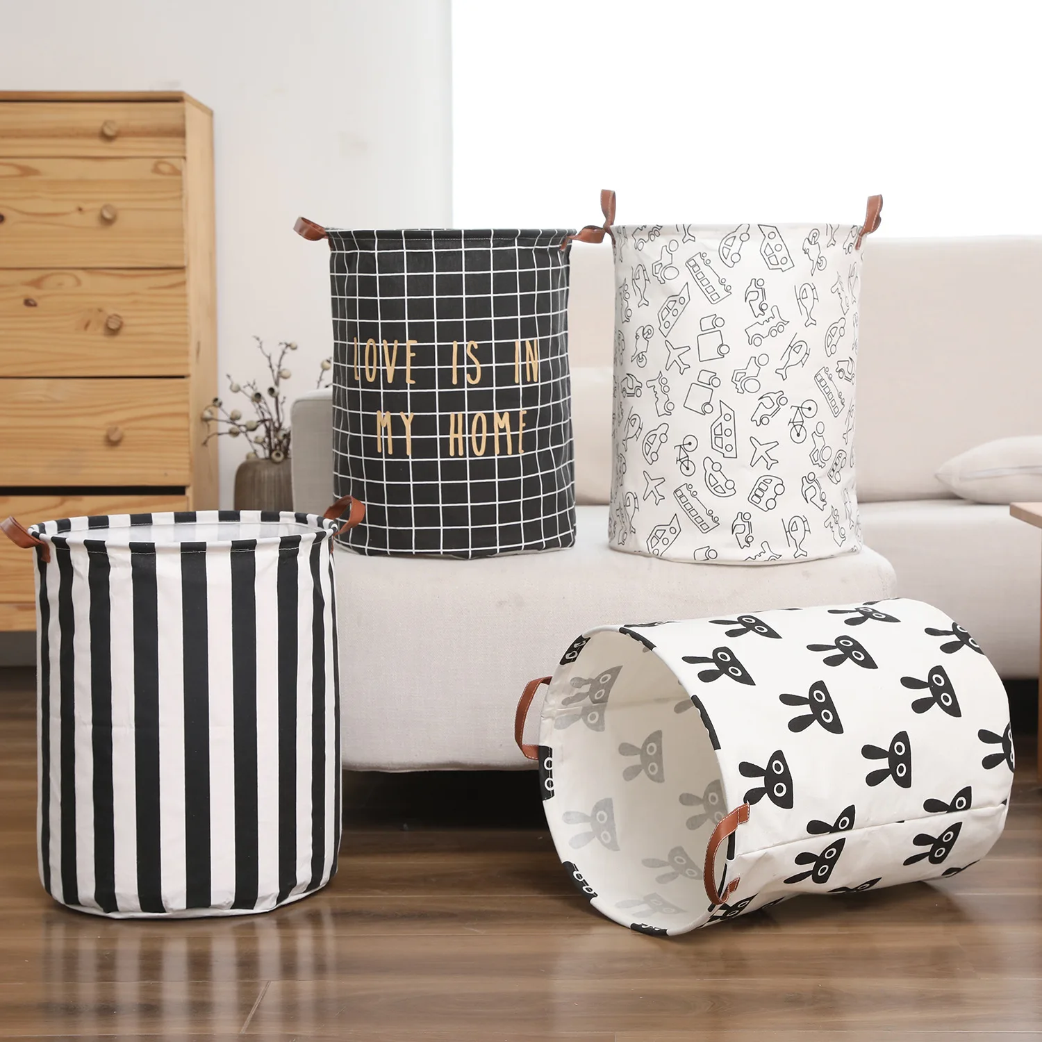

Leather Handle Collapsible Linen Laundry Hamper Foldable Bedroom Storage Basket Space Saving Multi-Scene Organizer