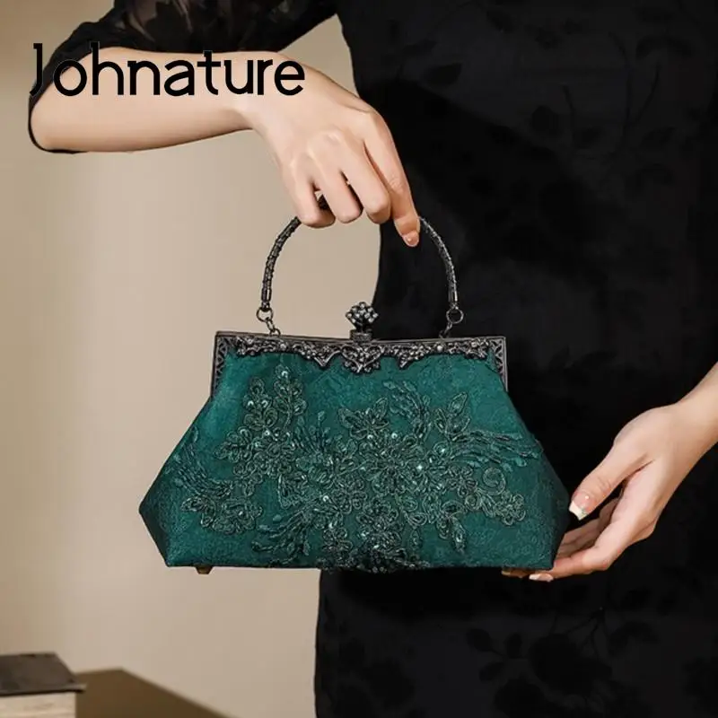 Johnature 2024 Nuova Perla Borsa Ricamata Antico Cheongsam Banchetto Borsa a Catena da Donna Versatile Elegante Borse a Tracolla da Donna