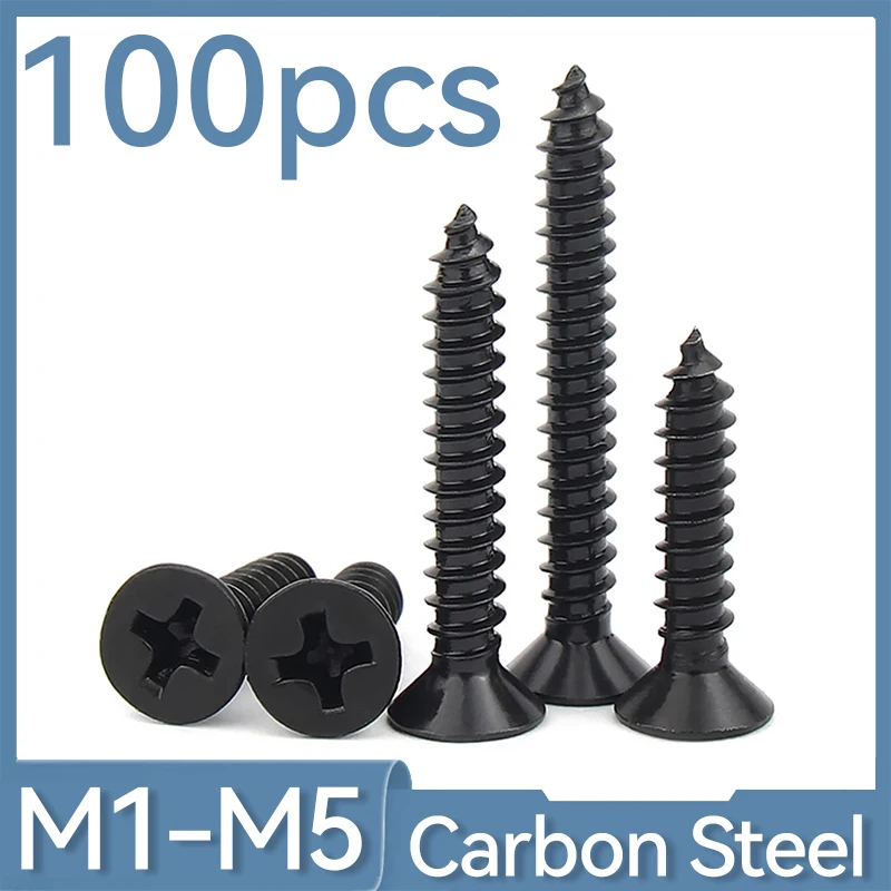 100Pcs M1 M1.2 M1.4 M1.5 M2 M2.6 M3 M3.5 M4 M5 Cross Countersunk Flat Head Self-tapping Screw Black Phillips Carbon Steel