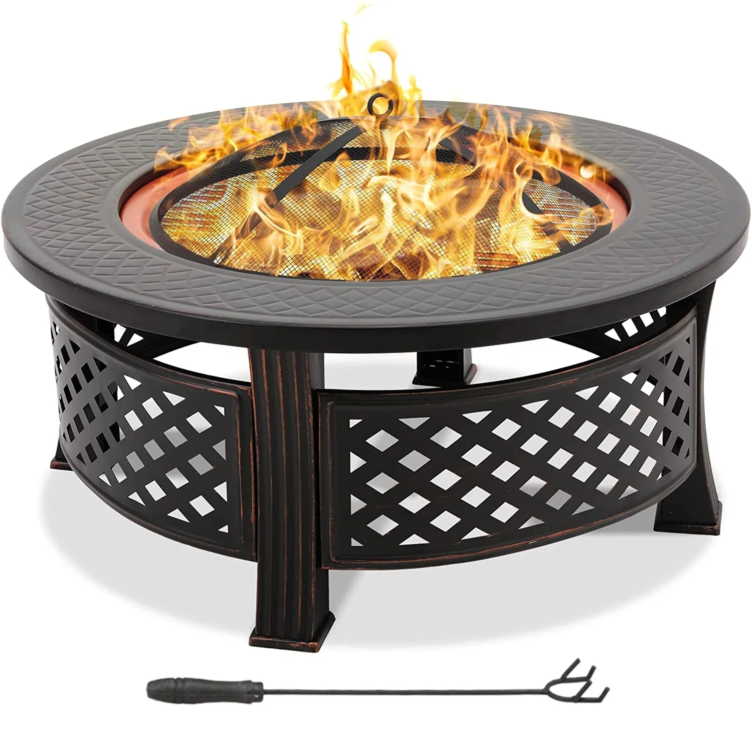 Große Ø81 cm Feuerschale mit Grillrost, mit Funkenschutz, 3-in-1-Feuerstelle, Feuerkorb, Funkenschutz, Grillheizung, Schwarz