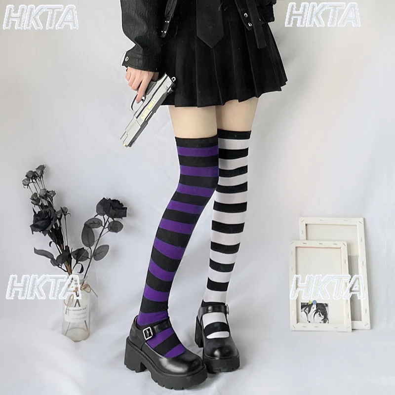 

Japanese Black White Striped Long Knee Socks for Female Cosplay Punk Style Personality Leg Cotton Thigh High Socks for Women