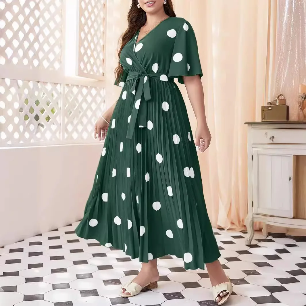 

Kaftan Women Polak Dot Maxi Dress 2024 Summer Plus Size Muslim Short Sleeve Pleated Long Party Gown Caftan Marocain Femme Abaya