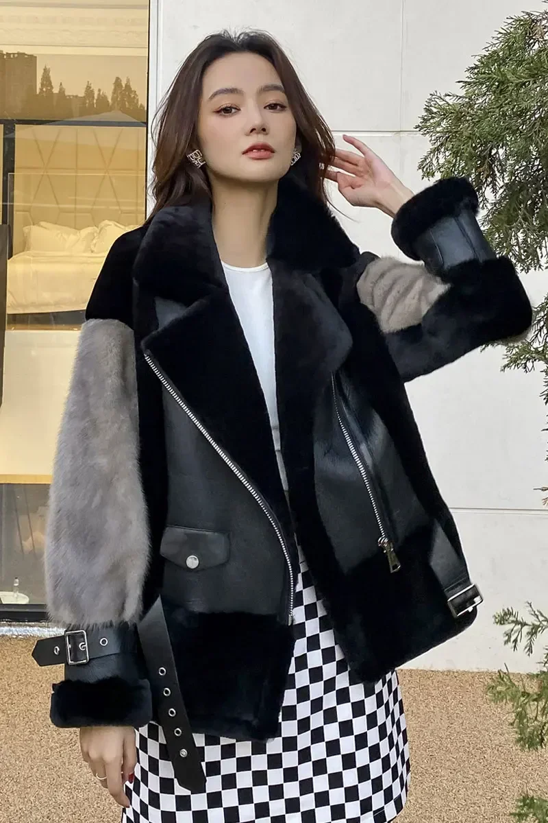 OFTUBY 2022 Autumn and Winter Women's Double-faced Fur Jacket Natural Mink Fur Lamb Fur Sheep Skin Genuine Leather Coats Warm