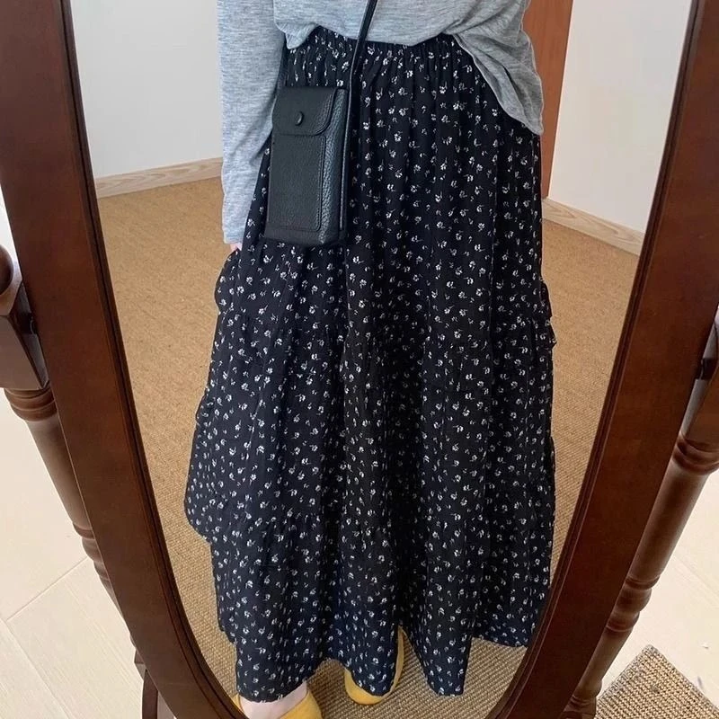 Vintage Print New High Waist Mujer Faldas Umbrella A-line Cake Slim Skirt Korea Chic Ins All-match Big Swing Falda
