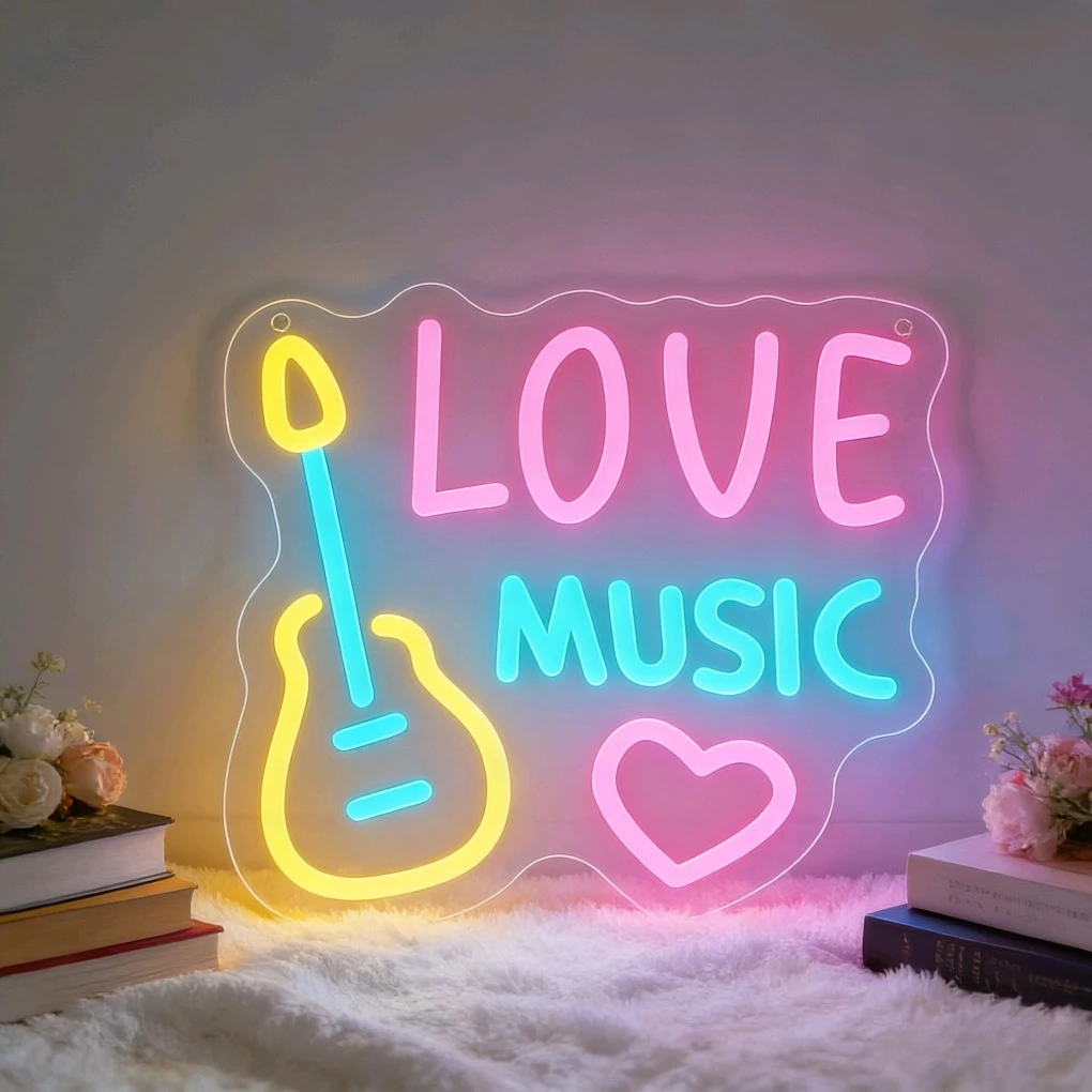 

Неоновая LED-вывеска «Люблю музыку» с гитарой, USB-подсветка с регулировкой яркости, настенный декор для музыкальной студии, бара, кафе, спальни, вечеринок, подарок музыканту