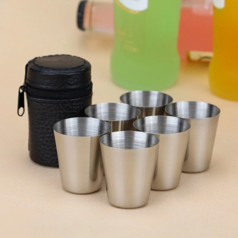 6/4 Uds 70/30ml tazas de acero inoxidable de viaje prácticas al aire libre Mini juego de vasos para whisky vino con estuche vajilla portátil