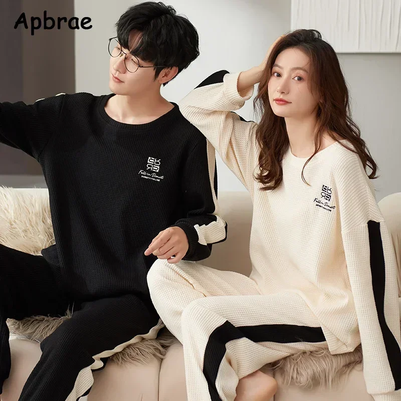 New Autumn Winter Waffle Cotton Pyjamas Long Sleeves Long Pants Pajama Sets Couple Pijamas O-Neck Leisure Sleepwear for Lovers