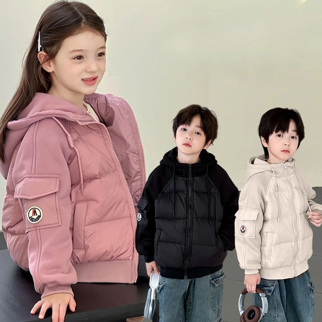 

Boys' White Duck Down Lightweight Down Jacket, Girls' Autumn and Winter Hooded Korean Version Jacket (worn Inside and Outside)