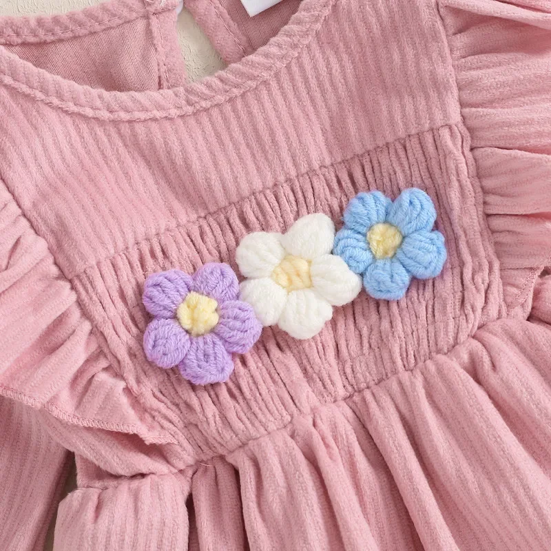 Baby Girl Bodysuit Dress 3D Floral Ruffled Long Sleeve Crew Neck Jumpsuit with Bow Headband Newborn Clothes 0 to 18 Months