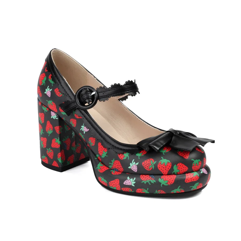 Sweet Cute Strawberry Print Pu Leather Mary Janes Shoes for Women Block High Heel Black Pink White Party Ladies Pumps Free Ship