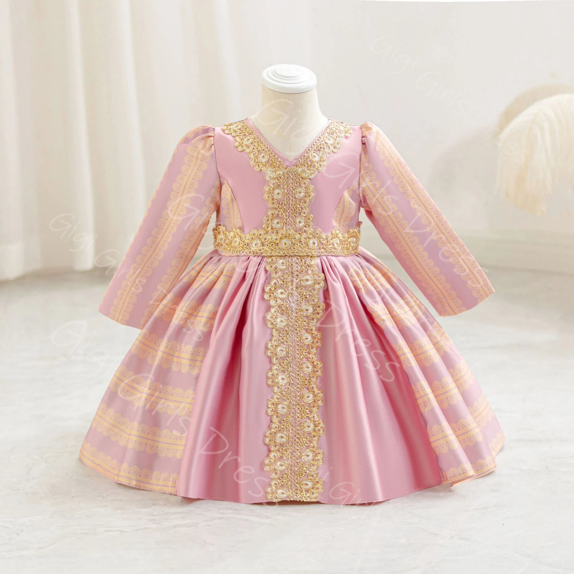 Little Girls Princess Dress Floral Printed Full Sleeves Toddlers Arabic Robes Gold Lace Sash Birthday Custom Flower Girl Dress