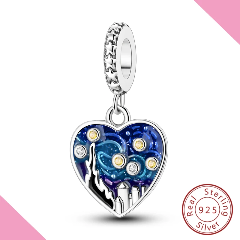 

925 Sterling Silver Charm Original Heart Shape Van Gogh Starry Sky Pendant For Woman Jewelry Fit Bracelet DIY
