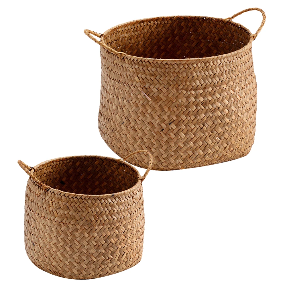 

2pcs Woven Storage Baskets Boho Japanese Design Natural Handmade Organizer Dual Handles Decorative Plant Holder For Kitchen