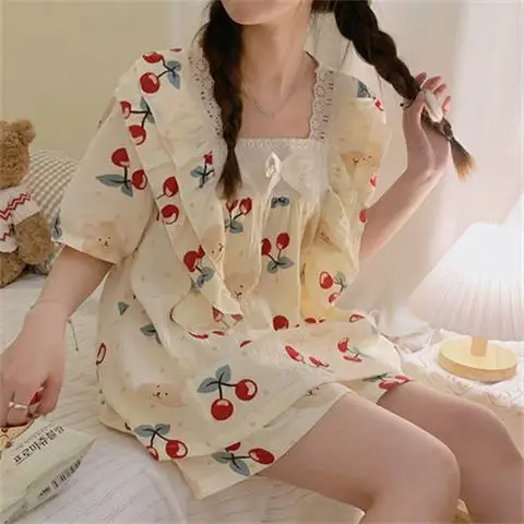 الكورية لطيف بيجامة مجموعات المرأة الصيف الكرتون ملابس المنزل قطعتين مجموعة امرأة ملابس خاصة بيجامة قطنية عرض ملابس النوم Pj #4