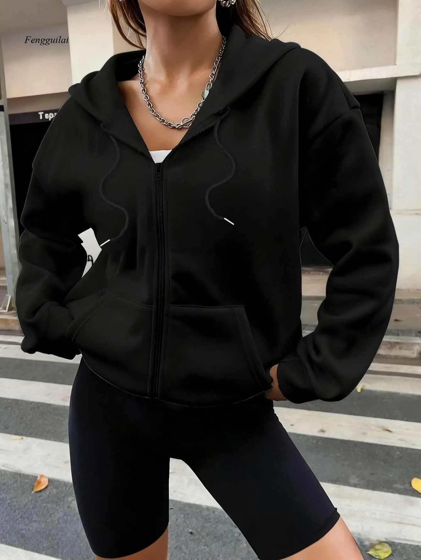 Felpa con cappuccio con zip e stampa natalizia |   Felpa casual a maniche lunghe con tasca per l'autunno e l'inverno