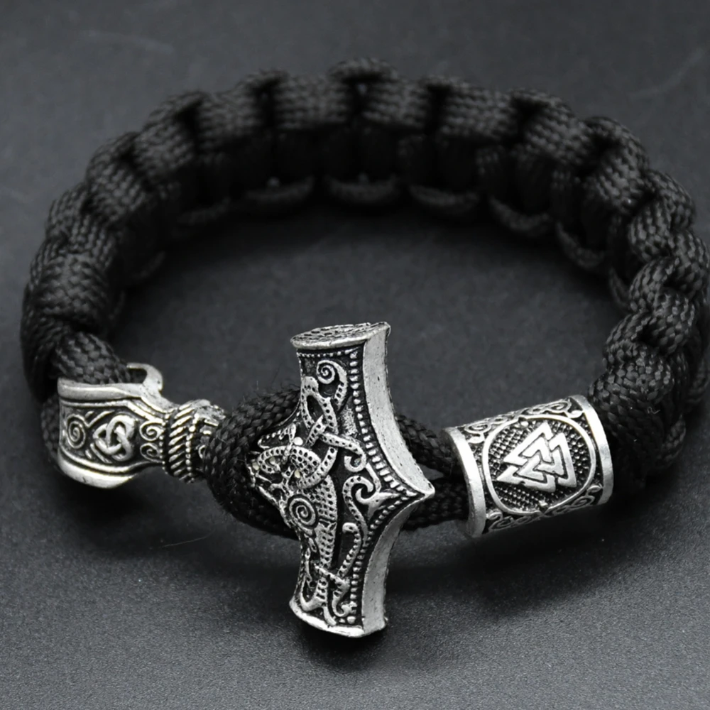 Norse Viking Men Bracelets Thor Mjolnir Hammer Paracord Amulet Valknut Runes Beads Hand Made Rope Wrap Scandinavian Bangles Gift