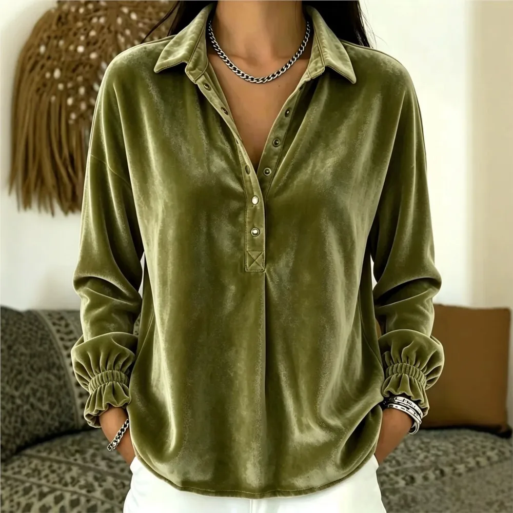 New Autumn Winter Tops Loose Casual Solid Color Comfortable Commuting Style Gold Velvet Long-sleeved POLO Collar Button Top